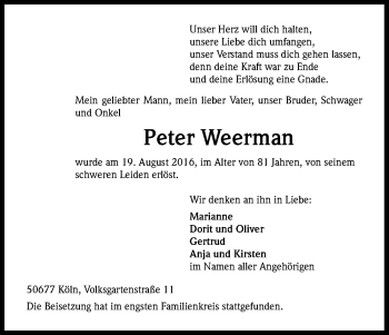 Anzeige von Peter Weerman von Kölner Stadt-Anzeiger / Kölnische Rundschau / Express