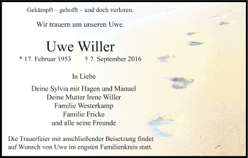 Anzeige von Uwe Willer von Kölner Stadt-Anzeiger / Kölnische Rundschau / Express