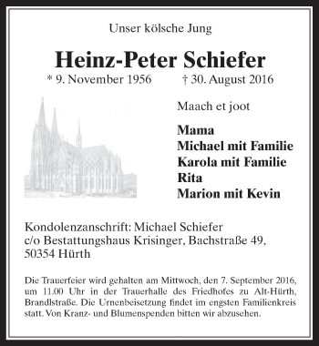 Anzeige von Heinz-Peter Schiefer von  Sonntags-Post 