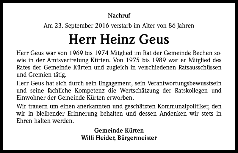  Traueranzeige für Heinz Geus vom 29.09.2016 aus Kölner Stadt-Anzeiger / Kölnische Rundschau / Express