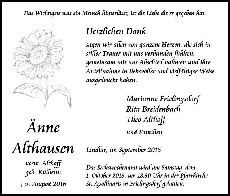  Traueranzeige für Änne Althausen vom 24.09.2016 aus Kölner Stadt-Anzeiger / Kölnische Rundschau / Express
