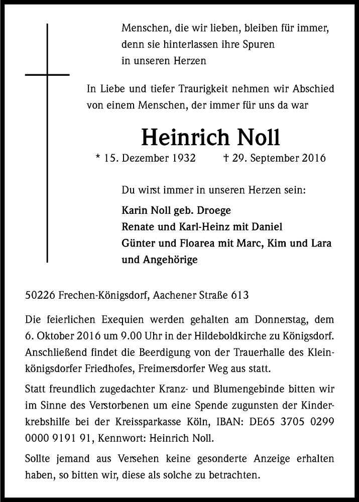  Traueranzeige für Heinrich Noll vom 01.10.2016 aus Kölner Stadt-Anzeiger / Kölnische Rundschau / Express