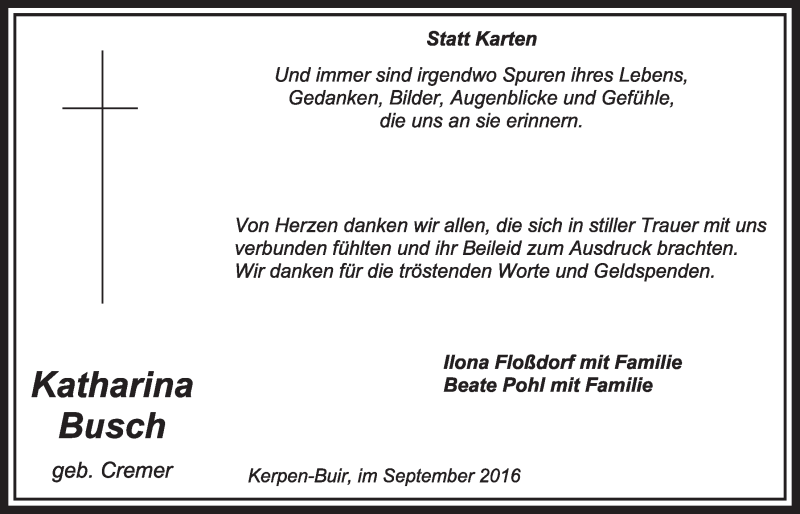  Traueranzeige für Katharina Busch vom 10.09.2016 aus  Sonntags-Post 