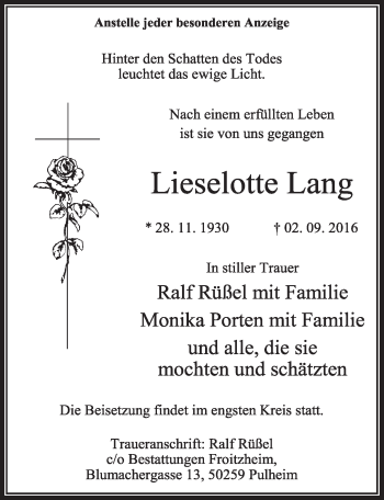 Anzeige von Lieselotte Lang von  Sonntags-Post 