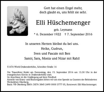Anzeige von Elli Hüschemenger von Kölner Stadt-Anzeiger / Kölnische Rundschau / Express