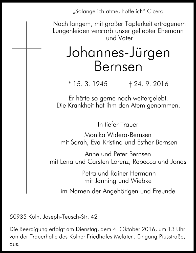  Traueranzeige für Johannes-Jürgen Bernsen vom 01.10.2016 aus Kölner Stadt-Anzeiger / Kölnische Rundschau / Express