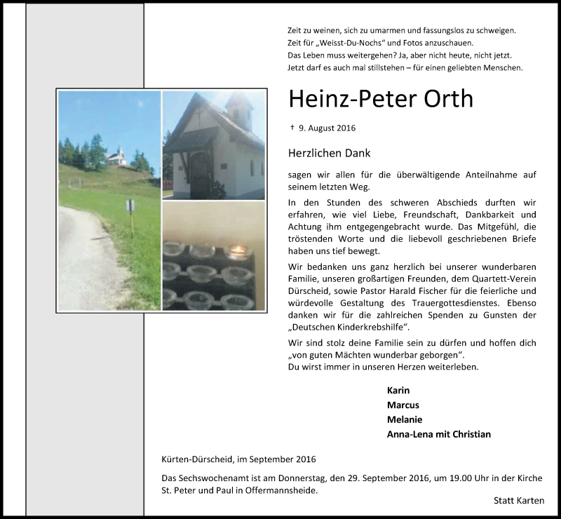 Traueranzeige für Heinz-Peter Orth vom 24.09.2016 aus Kölner Stadt-Anzeiger / Kölnische Rundschau / Express