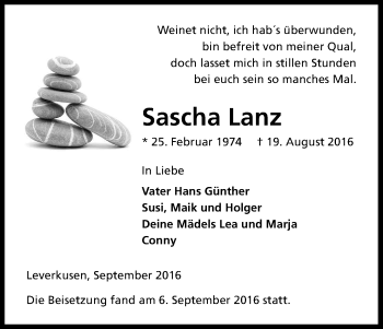 Anzeige von Sascha Lanz von Kölner Stadt-Anzeiger / Kölnische Rundschau / Express