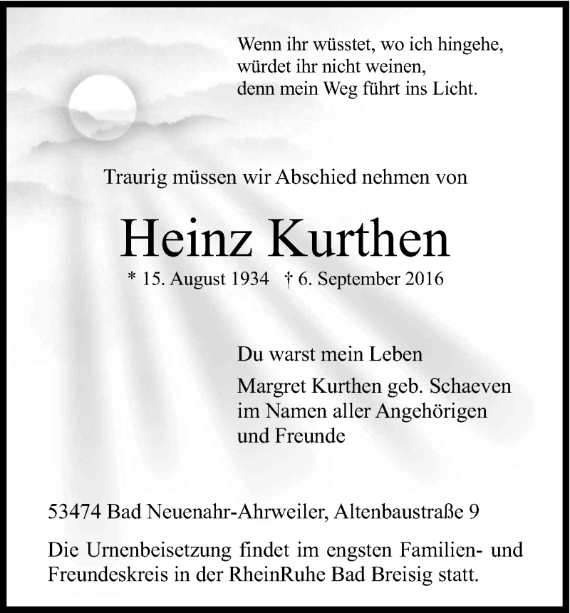  Traueranzeige für Heinz Kurthen vom 24.09.2016 aus Kölner Stadt-Anzeiger / Kölnische Rundschau / Express