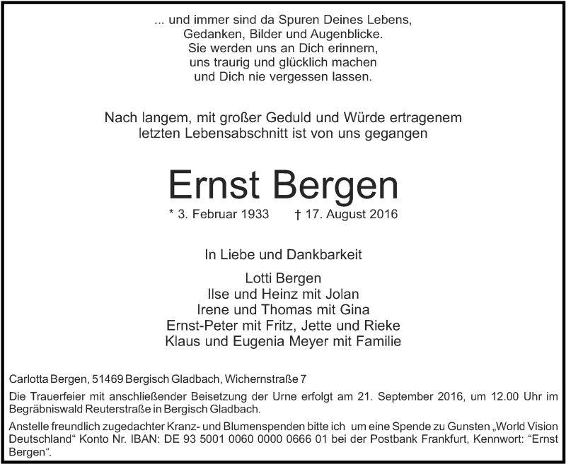  Traueranzeige für Ernst Bergen vom 14.09.2016 aus  Bergisches Handelsblatt 
