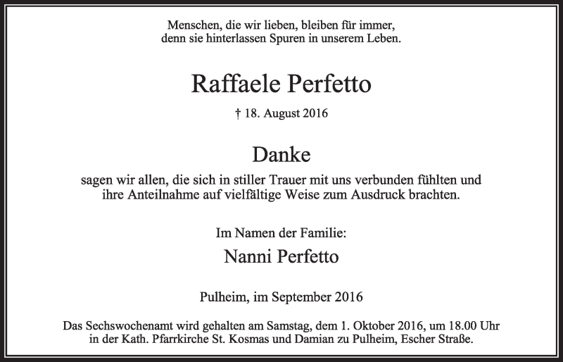  Traueranzeige für Raffaele Perfetto vom 24.09.2016 aus  Sonntags-Post 