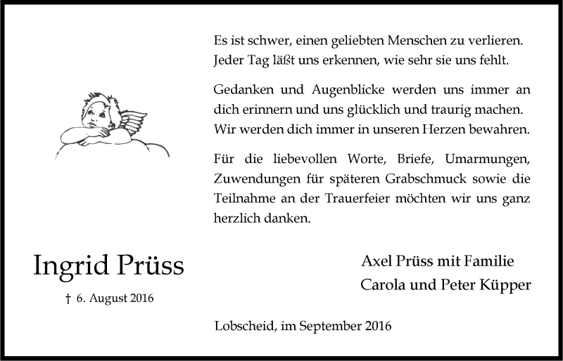  Traueranzeige für Ingrid Prüss vom 14.09.2016 aus  Anzeigen Echo 