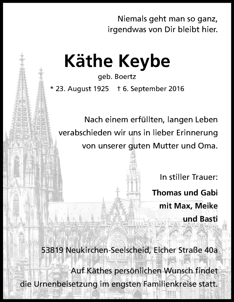  Traueranzeige für Käthe Keybe vom 17.09.2016 aus Kölner Stadt-Anzeiger / Kölnische Rundschau / Express