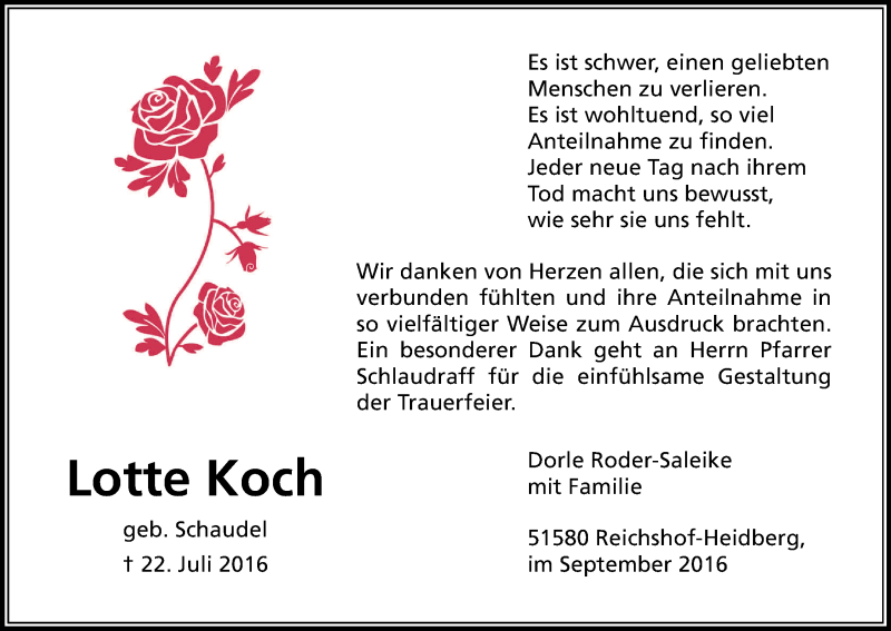  Traueranzeige für Lotte Koch vom 24.09.2016 aus Kölner Stadt-Anzeiger / Kölnische Rundschau / Express