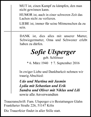 Anzeige von Sofie Ulsperger von Kölner Stadt-Anzeiger / Kölnische Rundschau / Express