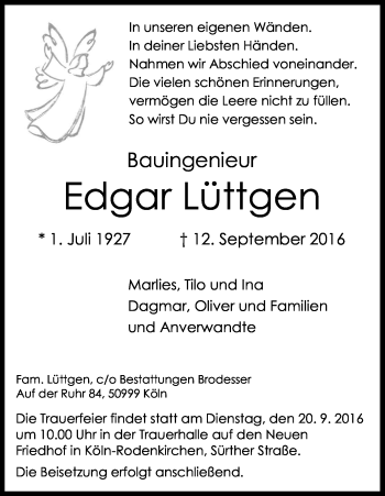 Anzeige von Edgar Lüttgen von Kölner Stadt-Anzeiger / Kölnische Rundschau / Express