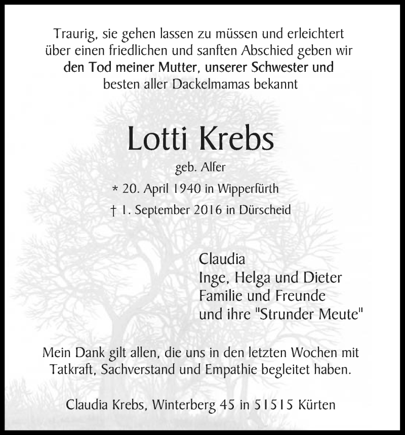  Traueranzeige für Lotti Krebs vom 10.09.2016 aus Kölner Stadt-Anzeiger / Kölnische Rundschau / Express