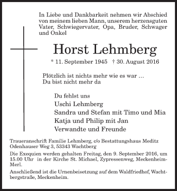 Anzeige von Horst Lehmberg von  Schaufenster/Blickpunkt 