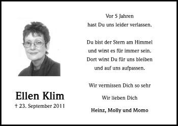 Anzeige von Ellen Klim von Kölner Stadt-Anzeiger / Kölnische Rundschau / Express