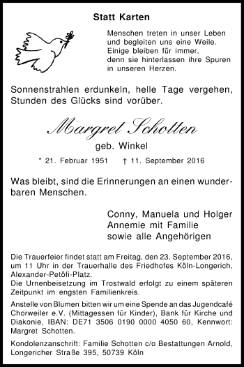 Anzeige von Margret Schotten von Kölner Stadt-Anzeiger / Kölnische Rundschau / Express