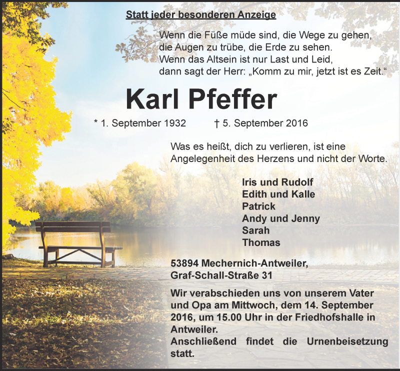  Traueranzeige für Karl Pfeffer vom 10.09.2016 aus  Blickpunkt Euskirchen 