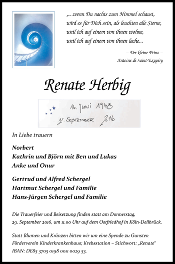 Anzeige von Renate Herbig von Kölner Stadt-Anzeiger / Kölnische Rundschau / Express