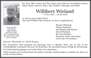 Anzeige von Willibert Wieland von  Sonntags-Post 