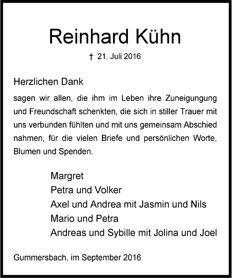  Traueranzeige für Reinhard Kühn vom 07.09.2016 aus  Anzeigen Echo 