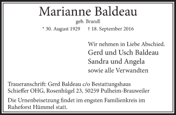Anzeige von Marianne Baldeau von  Sonntags-Post 