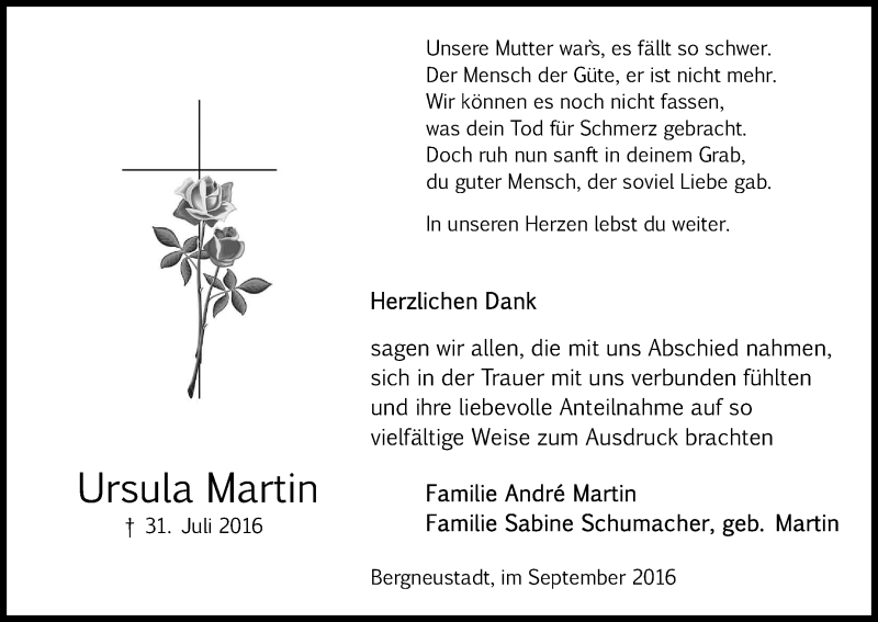 Traueranzeige für Ursula Martin vom 24.09.2016 aus Kölner Stadt-Anzeiger / Kölnische Rundschau / Express