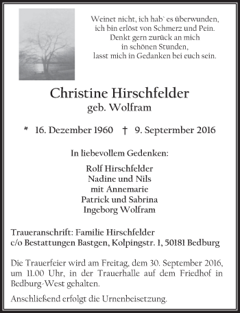 Anzeige von Christine Hirschfelder von  Sonntags-Post 