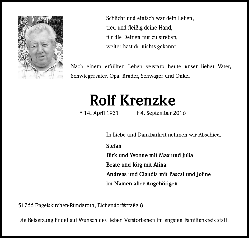 Traueranzeige für Rolf Krenzke vom 07.09.2016 aus Kölner Stadt-Anzeiger / Kölnische Rundschau / Express