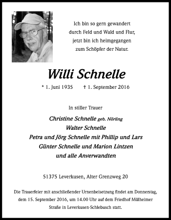 Anzeige von Willi Schnelle von Kölner Stadt-Anzeiger / Kölnische Rundschau / Express