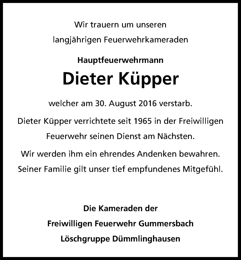  Traueranzeige für Dieter Küpper vom 03.09.2016 aus Kölner Stadt-Anzeiger / Kölnische Rundschau / Express