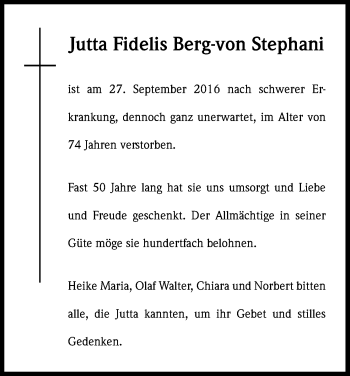 Anzeige von Jutta Fidelis Berg-von Stephani von Kölner Stadt-Anzeiger / Kölnische Rundschau / Express