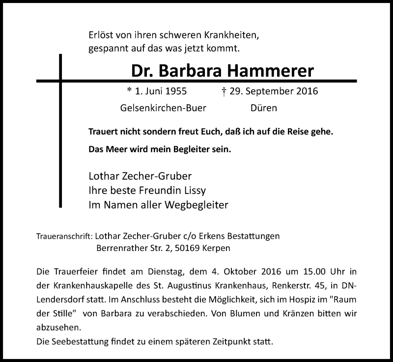  Traueranzeige für Dr. Barbara  Hammerer vom 01.10.2016 aus Kölner Stadt-Anzeiger / Kölnische Rundschau / Express