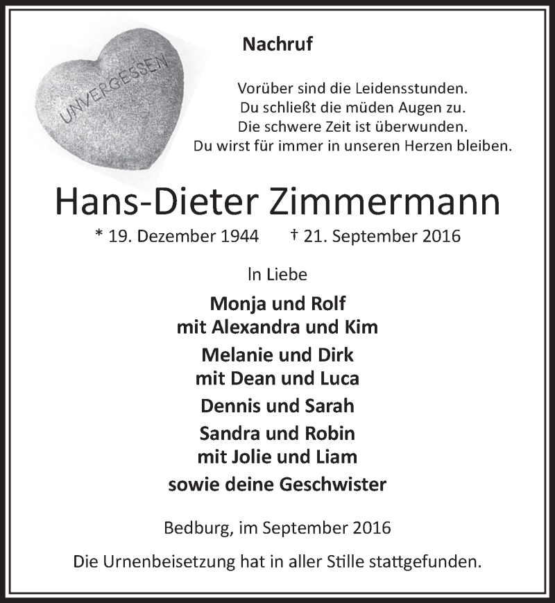  Traueranzeige für Hans-Dieter Zimmermann vom 01.10.2016 aus  Sonntags-Post 