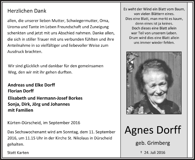  Traueranzeige für Agnes Dorff vom 07.09.2016 aus  Bergisches Handelsblatt 