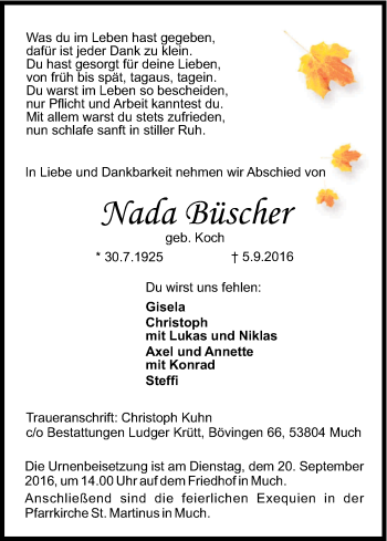 Anzeige von Nada Büscher von Kölner Stadt-Anzeiger / Kölnische Rundschau / Express