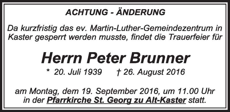  Traueranzeige für Peter Brunner vom 17.09.2016 aus  Sonntags-Post 
