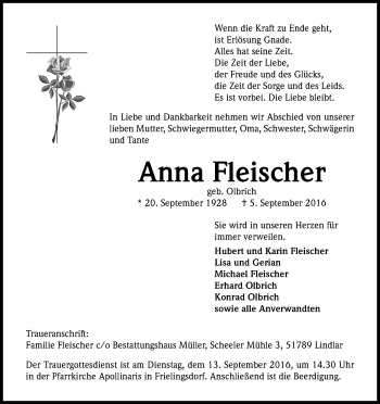 Anzeige von Anna Fleischer von Kölner Stadt-Anzeiger / Kölnische Rundschau / Express