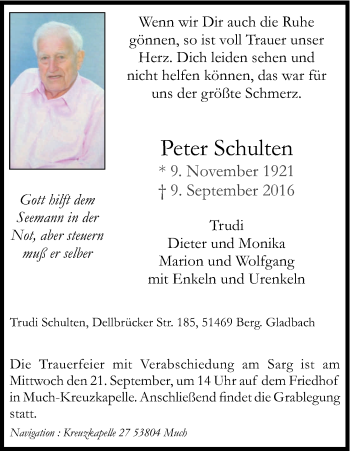 Anzeige von Peter Schulten von Kölner Stadt-Anzeiger / Kölnische Rundschau / Express