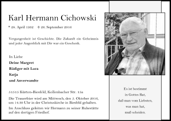 Anzeige von Karl Hermann Cichowski von Kölner Stadt-Anzeiger / Kölnische Rundschau / Express
