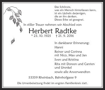 Anzeige von Herbert Radtke von  Schaufenster/Blickpunkt 