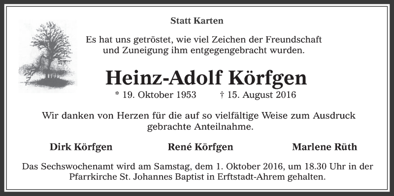  Traueranzeige für Heinz-Adolf Körfgen vom 28.09.2016 aus  Werbepost 