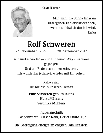 Anzeige von Rolf Schweren von Kölner Stadt-Anzeiger / Kölnische Rundschau / Express