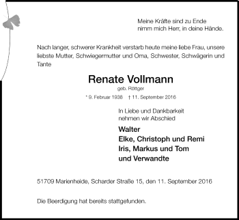 Anzeige von Renate Vollmann von Kölner Stadt-Anzeiger / Kölnische Rundschau / Express