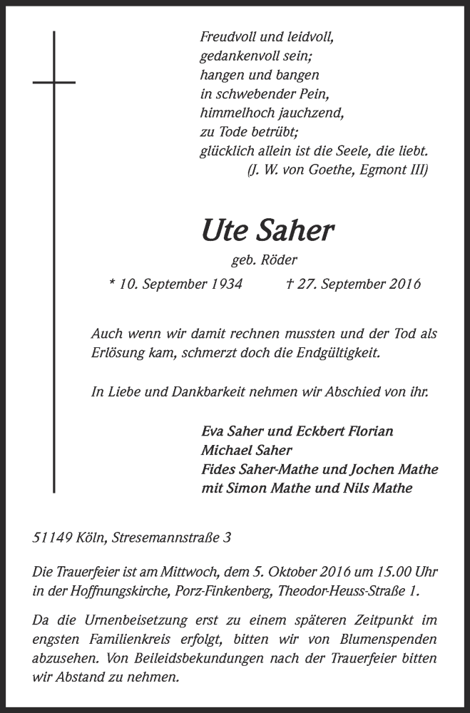  Traueranzeige für Ute Saher vom 01.10.2016 aus 