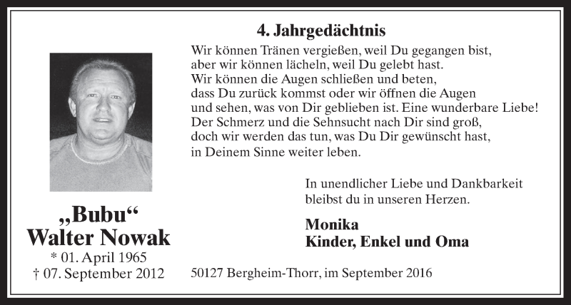  Traueranzeige für Walter Nowak vom 07.09.2016 aus  Werbepost 