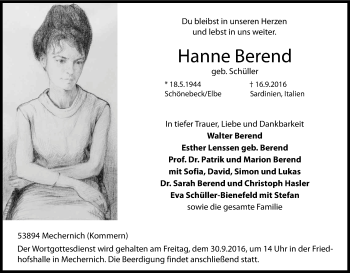 Anzeige von Hanne Berend von Kölner Stadt-Anzeiger / Kölnische Rundschau / Express